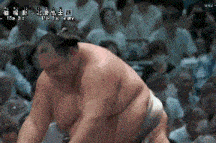 a sumo wrestler in front of a crowd with chinese writing on the bottom