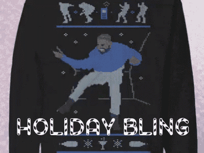 a black sweater with a picture of a man in a blue sweater and the words `` holiday bling '' on it .