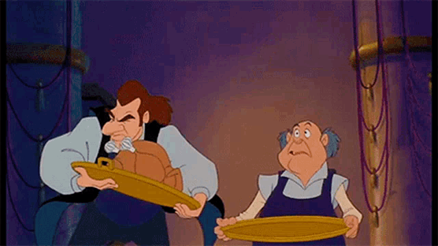 two cartoon characters are standing next to each other holding plates in their hands .