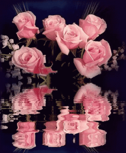a bunch of pink roses are reflected in a pool of water