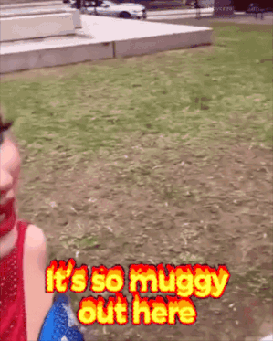 a person standing in the grass with the words it 's so muggy out here above them