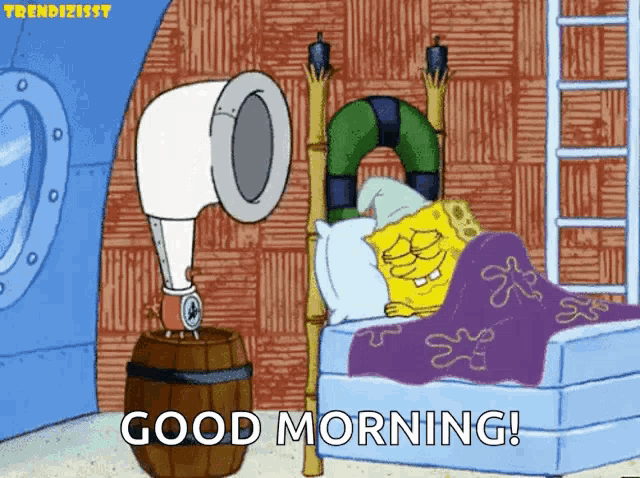 a cartoon of spongebob sleeping in a bed with the words good morning