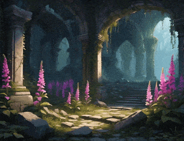 a stone archway with purple flowers in the middle