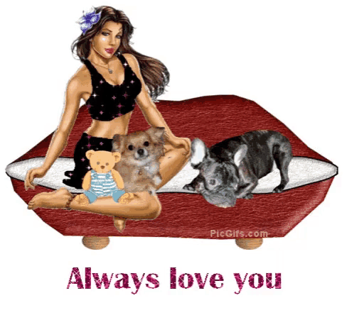 a picture of a woman sitting on a dog bed with two dogs and a teddy bear with the words always love you