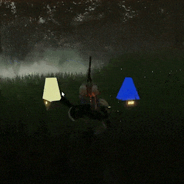 a person standing in a field holding a triangle and a blue square