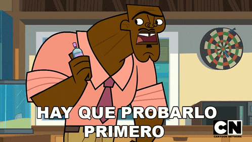 a cartoon of a man holding a bottle with the words hay que probarlo primero below him
