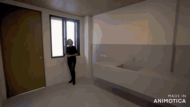 a woman opens a window in a room that is made in animatica