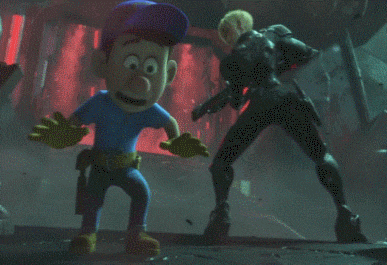 a cartoon character in a blue shirt is standing next to a robot