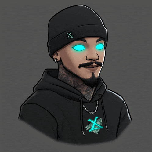 a cartoon of a man wearing a black hoodie and a beanie with a x on it