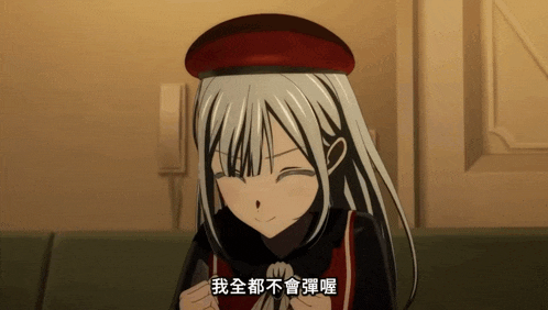 a girl with white hair and a red hat is smiling