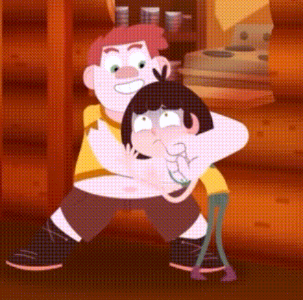 a cartoon character is holding a girl in his arms .