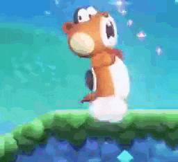 a cartoon character is jumping in the air with a blue background