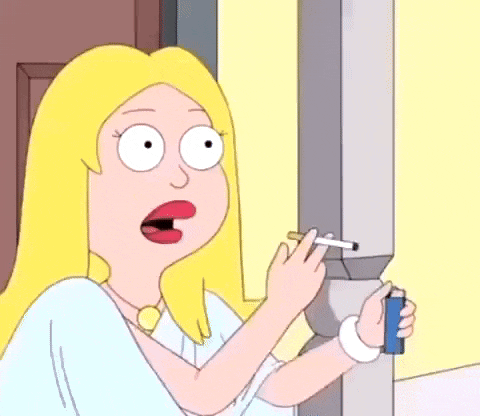 a cartoon woman is smoking a cigarette and applying lipstick .