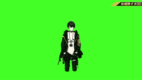 a video game character is standing on a green screen with chinese writing on it
