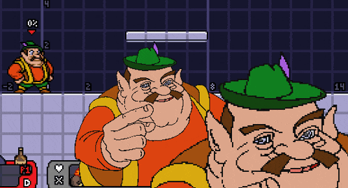 a pixel art of a man with a green hat