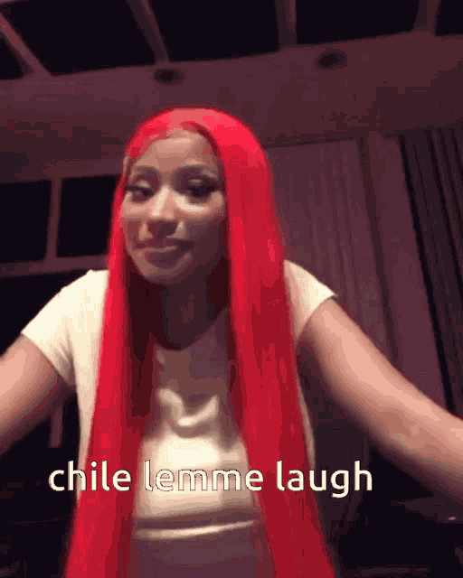 a woman with red hair has the words chile lemme laugh on her face