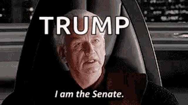 a man is sitting in a chair with the words `` trump i am the senate . ''