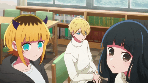 three anime characters are sitting in a room with bookshelves