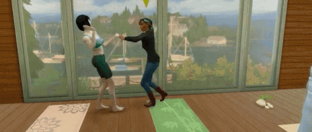 two women are standing next to each other on a yoga mat .