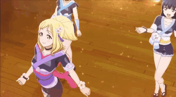a girl with blonde hair and a flower in her hair is dancing with the number 1 in the corner