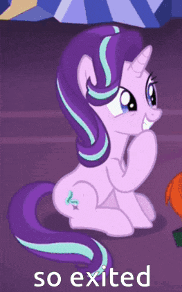 a cartoon of a pony with the words so exited on the bottom