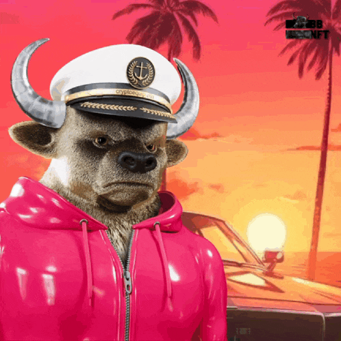 a bull wearing a captains hat and a pink jacket