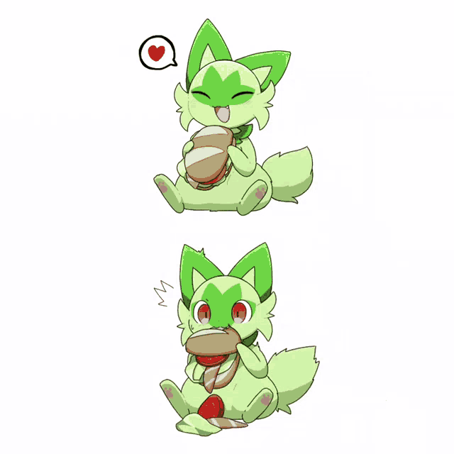 a cartoon drawing of a green animal holding a sandwich