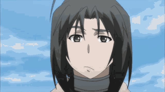 a close up of a cartoon character 's face with a blue sky in the background