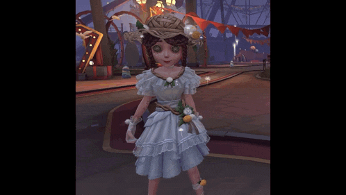 a girl in a white dress and straw hat is standing in front of a carnival