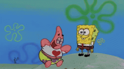 patrick and spongebob are standing next to each other in the water