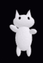 a white cat with black eyes is standing on a black background and waving .
