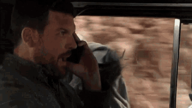 a man with a beard is talking on a cell phone in a car