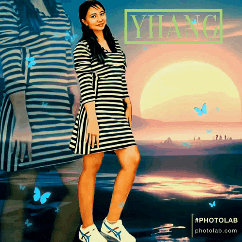 a woman in a striped dress is standing in front of a sunset and the name ylang is on the top