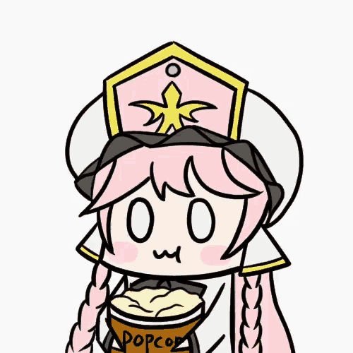 a cartoon drawing of a girl with pink hair holding a cup of popcorn