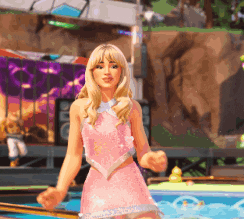 a woman in a pink dress is standing in front of a pool .