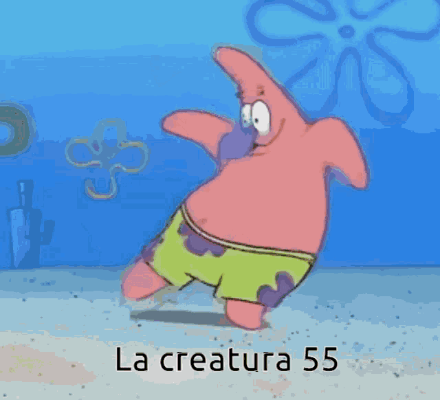 patrick star from spongebob squarepants is standing on a beach with the words la creature 55 below him