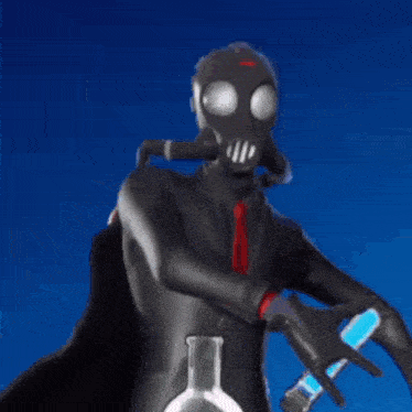 a person wearing a gas mask is holding two beakers with pink and blue liquid coming out of them .