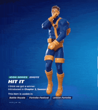 a superhero in a blue and yellow outfit with the words hit it on the bottom