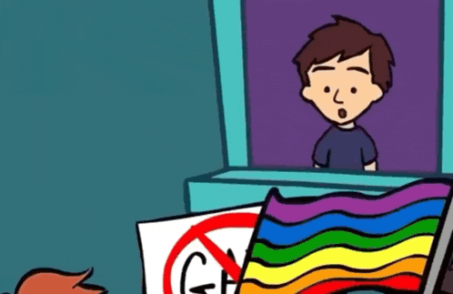 a cartoon of a boy looking out of a window with a rainbow flag and a sign that says no gays