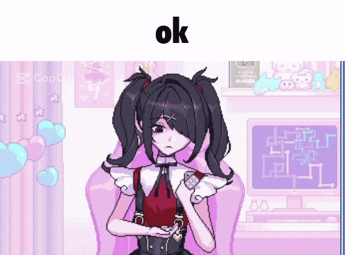 a pixel art of a girl sitting in a chair with the word ok on the bottom