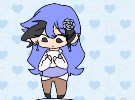 a cartoon girl with blue hair and a flower in her hair