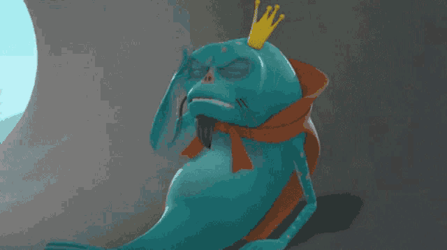a blue cartoon character with a yellow crown on his head