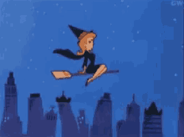 a cartoon of a witch on a broom flying over a city