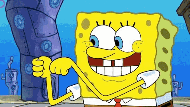 a cartoon character named spongebob squarepants is flexing his muscles and smiling .