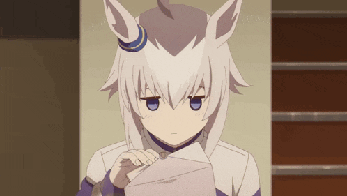 a cartoon character with white hair and blue eyes is reading a piece of paper