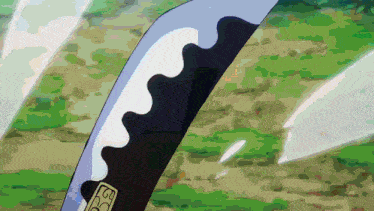 a close up of a sword with a sticker that says ' ec ' on it