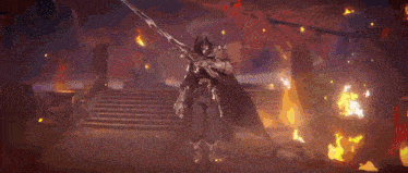 a person is holding a sword in a video game and a sword is flying through the air .