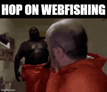 two men are standing next to each other in a room with the words `` hop on webfishing '' above them .