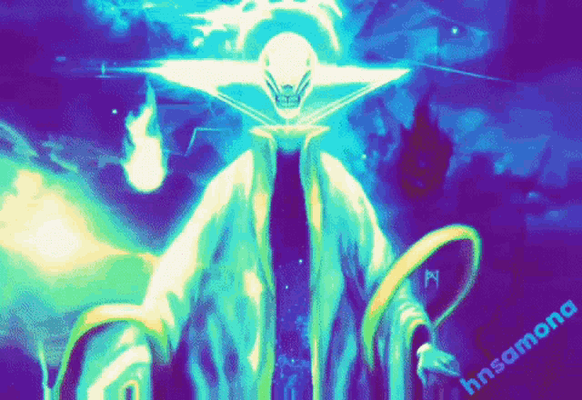 a painting of a skeleton with the word hnsama on the bottom left