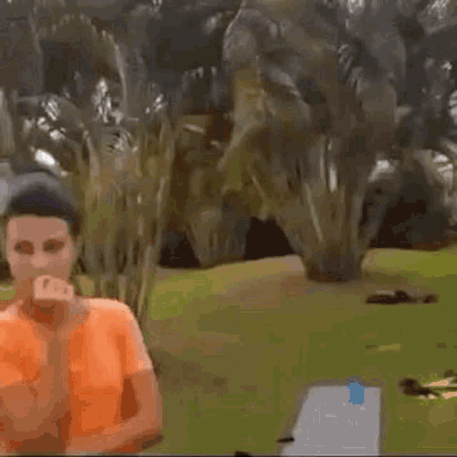 a man in an orange shirt is sitting in the grass with his hands on his chin .